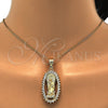 Oro Laminado Religious Pendant, Gold Filled Style Guadalupe Design, with White Cubic Zirconia, Polished, Golden Finish, 05.120.0062