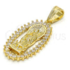 Oro Laminado Religious Pendant, Gold Filled Style Guadalupe Design, with White Cubic Zirconia, Polished, Golden Finish, 05.120.0062