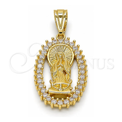 Oro Laminado Religious Pendant, Gold Filled Style Guadalupe Design, with White Cubic Zirconia, Polished, Golden Finish, 05.120.0062