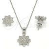 Sterling Silver Earring and Pendant Adult Set, Flower Design, with White Micro Pave, Polished, Rhodium Finish, 10.174.0208