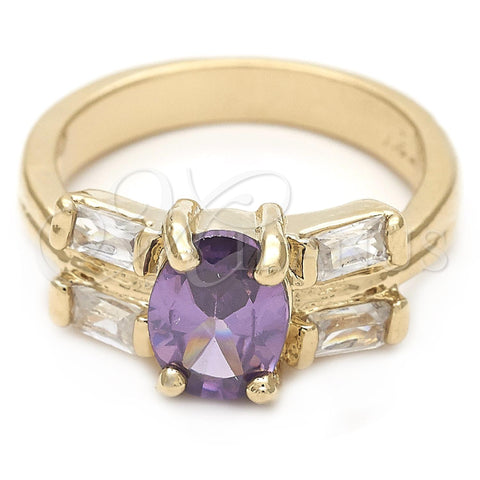 Oro Laminado Elegant Ring, Gold Filled Style Baguette Design, with Amethyst and White Cubic Zirconia, Polished, Golden Finish, 5.166.008.1.06 (Size 6)