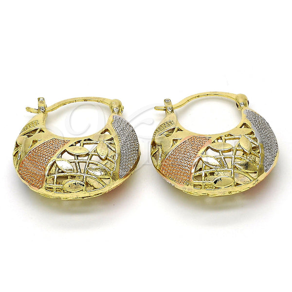 Gold Filled Hoop Earrings — Small Hoop Leaf Design Polished Tricolor 02.99. — main product view — SKU 112251 | Oro Laminado aretes de aro — Small Hoop Leaf diseño pulido Tricolor 02.99. — SKU 112251