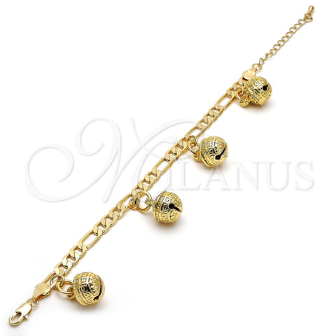 Gold Tone Charm Bracelet, Rattle Charm and Greek Key Design, Polished, Golden Finish, 03.63.1756.08.GT (160 Gauge, 06 MM Thickness, 8 Inches Length)