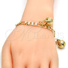 Gold Tone Charm Bracelet, Rattle Charm and Elephant Design, Polished, Golden Finish, 03.63.1755.08.GT (160 Gauge, 06 MM Thickness, 8 Inches Length)