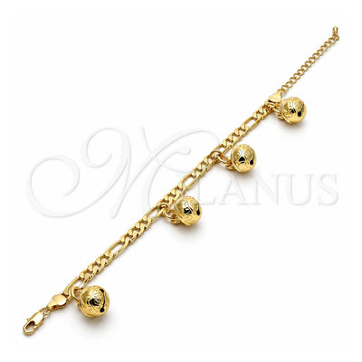 Gold Tone Charm Bracelet, Rattle Charm and Elephant Design, Polished, Golden Finish, 03.63.1755.08.GT (160 Gauge, 06 MM Thickness, 8 Inches Length)