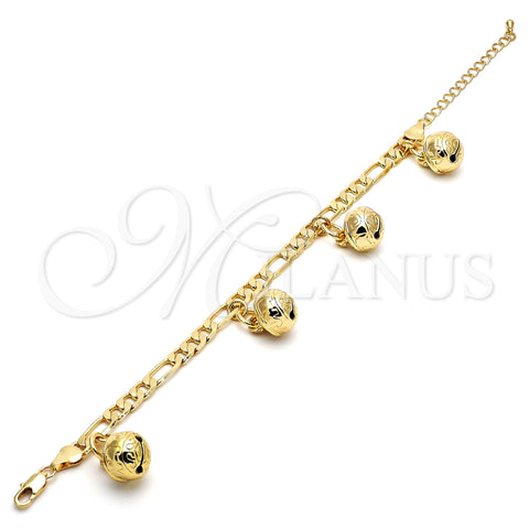 Gold Tone Charm Bracelet, Rattle Charm and Elephant Design, Polished, Golden Finish, 03.63.1755.08.GT (160 Gauge, 06 MM Thickness, 8 Inches Length)