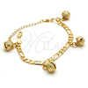 Gold Tone Charm Bracelet, Rattle Charm and Greek Key Design, Polished, Golden Finish, 03.63.1777.08.GT (160 Gauge, 06 MM Thickness, 8 Inches Length)