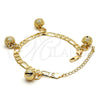 Gold Tone Charm Bracelet, Rattle Charm and Greek Key Design, Polished, Golden Finish, 03.63.1777.08.GT (160 Gauge, 06 MM Thickness, 8 Inches Length)