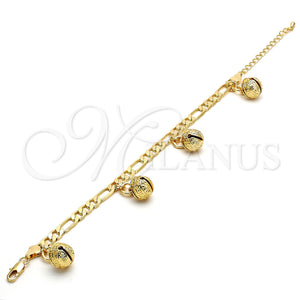 Gold Plated Bracelet — Charm Bracelet Rattle Charm and Greek Key Design — main product view — SKU 112355 | Chapa de Oro brazalete — Charm Bracelet Rattle Charm and Greek Key diseño — SKU 112355