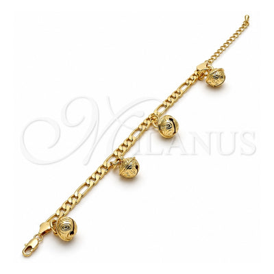 Gold Tone Charm Bracelet, Rattle Charm Design, Polished, Golden Finish, 03.63.1778.08.GT (160 Gauge, 06 MM Thickness, 8 Inches Length)