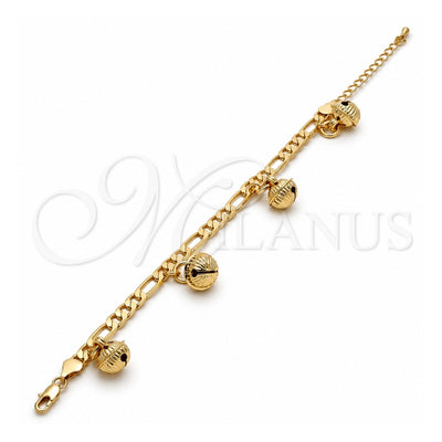 Gold Tone Charm Bracelet, Rattle Charm Design, Polished, Golden Finish, 03.63.1780.08.GT (160 Gauge, 06 MM Thickness, 8 Inches Length)
