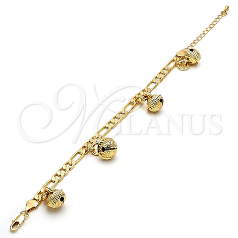 Gold Tone Charm Bracelet, Rattle Charm Design, Polished, Golden Finish, 03.63.1780.08.GT (160 Gauge, 06 MM Thickness, 8 Inches Length)
