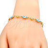 Gold Tone Fancy Bracelet, Evil Eye Design, Turquoise Enamel Finish, Golden Finish, 03.213.0033.1.08.GT (100 Gauge, 06 MM Thickness, 8 Inches Length)