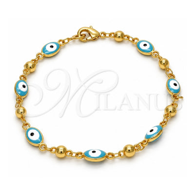 Gold Tone Fancy Bracelet, Evil Eye Design, Turquoise Enamel Finish, Golden Finish, 03.213.0033.1.08.GT (100 Gauge, 06 MM Thickness, 8 Inches Length)