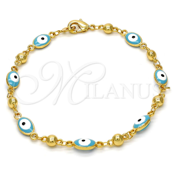 Gold Tone Fancy Bracelet, Evil Eye Design, Turquoise Enamel Finish, Golden Finish, 03.213.0033.1.08.GT (100 Gauge, 06 MM Thickness, 8 Inches Length)