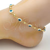 Gold Tone Fancy Anklet, Evil Eye and Heart Design, White Enamel Finish, Golden Finish, 03.213.0037.10.GT (08 MM Thickness, 10 Inches Length)