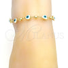 Gold Tone Fancy Anklet, Evil Eye and Heart Design, White Enamel Finish, Golden Finish, 03.213.0037.10.GT (08 MM Thickness, 10 Inches Length)