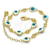Oro Laminado Fancy Anklet, Gold Filled Style Evil Eye and Heart Design, White Enamel Finish, Golden Finish, 03.213.0037.10 (08 MM Thickness, 10 Inches Length)