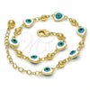 Gold Tone Fancy Anklet, Evil Eye and Heart Design, White Enamel Finish, Golden Finish, 03.213.0037.10.GT (08 MM Thickness, 10 Inches Length)