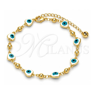Gold Tone Fancy Anklet, Evil Eye and Heart Design, White Enamel Finish, Golden Finish, 03.213.0037.10.GT (08 MM Thickness, 10 Inches Length)