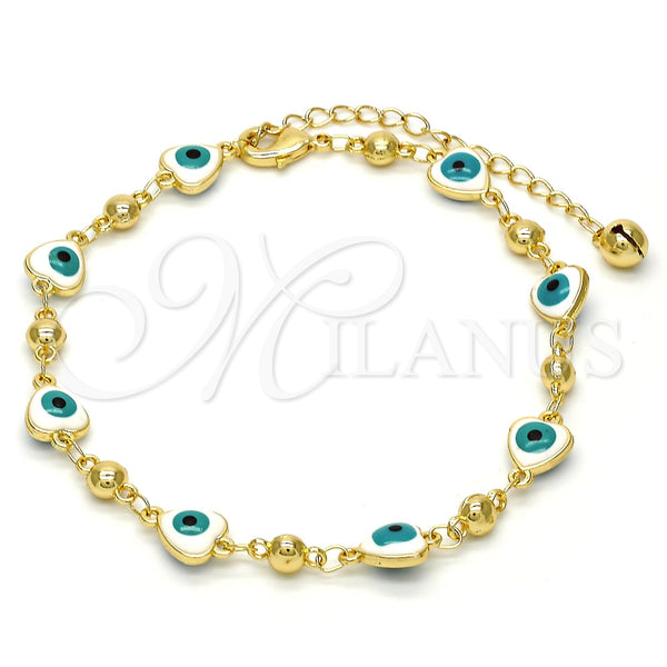 Gold Plated Anklet — Fancy Anklet Evil Eye and Heart Design White — main product view — SKU 112388 | Chapa de Oro tobillera — elegante Anklet Evil Eye and corazón diseño blanco — SKU 112388