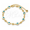 Oro Laminado Fancy Anklet, Gold Filled Style Evil Eye and Heart Design, White Enamel Finish, Golden Finish, 03.213.0037.10 (08 MM Thickness, 10 Inches Length)