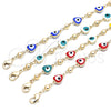 Oro Laminado Fancy Anklet, Gold Filled Style Evil Eye and Heart Design, White Enamel Finish, Golden Finish, 03.213.0037.10 (08 MM Thickness, 10 Inches Length)
