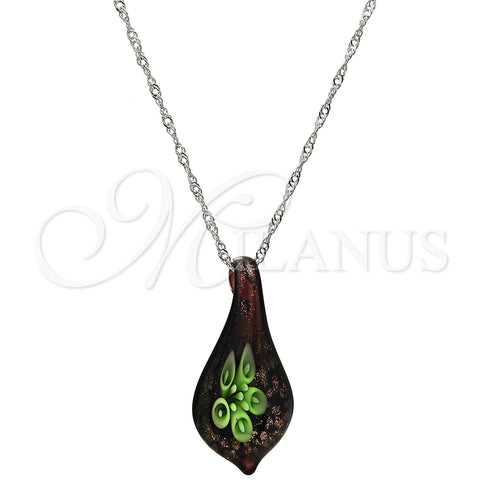 Gold Tone Pendant Necklace, Flower Design, with Green Azavache, Polished, Rhodium Finish, 04.276.0008.18.GT (02 MM Thickness, 18 Inches Length)