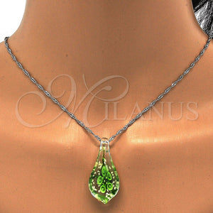 Gold Plated Necklace — Pendant Necklace Flower Design with Green Azavache Polished — alternate product view — SKU 112406 | Chapa de Oro collar — Pendant Necklace flor diseño with Green Azavache pulido — SKU 112406
