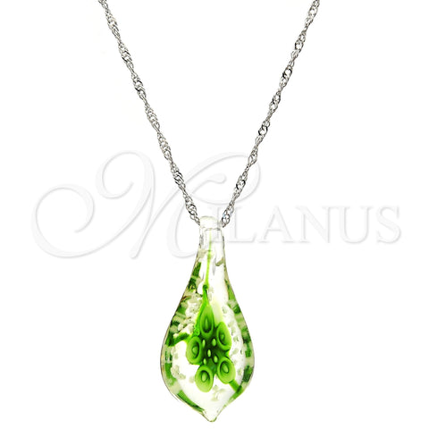Gold Tone Pendant Necklace, Flower Design, with Green Azavache, Polished, Rhodium Finish, 04.276.0017.18.GT (02 MM Thickness, 18 Inches Length)