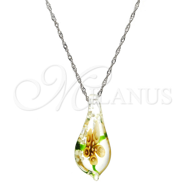 Gold Tone Pendant Necklace, Flower Design, with White Azavache, Polished, Rhodium Finish, 04.276.0019.18.GT (02 MM Thickness, 18 Inches Length)
