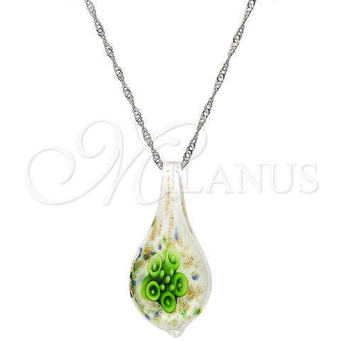 Gold Tone Pendant Necklace, Flower Design, with Green Azavache, Polished, Rhodium Finish, 04.276.0022.18.GT (02 MM Thickness, 18 Inches Length)