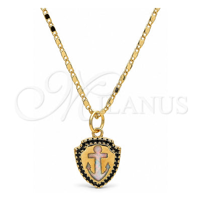 Oro Laminado Pendant Necklace, Gold Filled Style Anchor Design, with White Opal and Black Micro Pave, Polished, Golden Finish, 04.63.1326.3.18 (18 Inches Length)