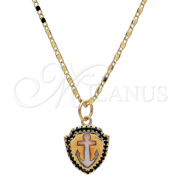 Oro Laminado Pendant Necklace, Gold Filled Style Anchor Design, with White Opal and Black Micro Pave, Polished, Golden Finish, 04.63.1326.3.18 (18 Inches Length)