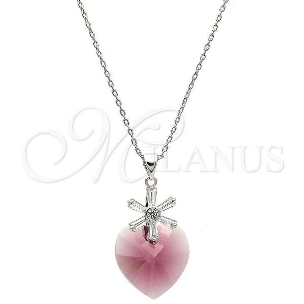 Rhodium Plated Pendant Necklace, Heart and Flower Design, with Amethyst Swarovski Crystals and White Cubic Zirconia, Polished, Rhodium Finish, 04.239.0019.1.16 (01 MM Thickness, 16 Inches Length)