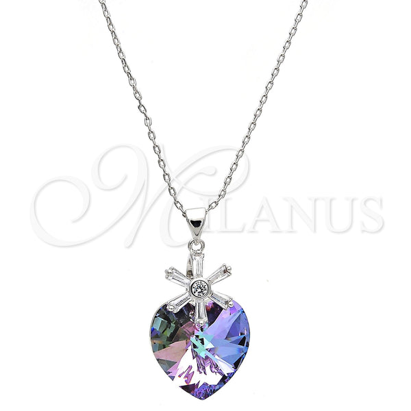 Rhodium Plated Pendant Necklace, Heart and Flower Design, with Paradise Shine Swarovski Crystals and White Cubic Zirconia, Polished, Rhodium Finish, 04.239.0019.2.16 (01 MM Thickness, 16 Inches Length)