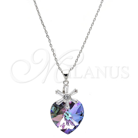 Rhodium Plated Pendant Necklace, Heart and Flower Design, with Paradise Shine Swarovski Crystals and White Cubic Zirconia, Polished, Rhodium Finish, 04.239.0019.2.16 (01 MM Thickness, 16 Inches Length)