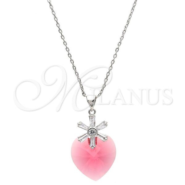 White Gold Filled Necklace — Pendant Necklace Heart and Flower Design with Padparadscha — main product view — SKU 112487 | Oro Laminado Blanco collar — Pendant Necklace corazón and flor diseño with Padparadscha — SKU 112487