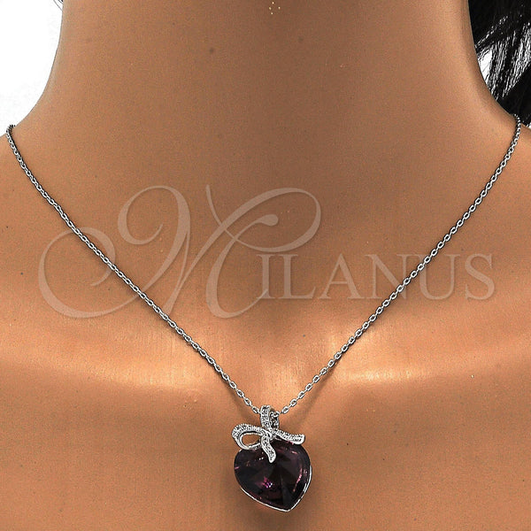 White Gold Filled Necklace — Pendant Necklace Heart and Bow Design with Amethyst — alternate product view — SKU 112496 | Oro Laminado Blanco collar — Pendant Necklace corazón and Bow diseño with Amethyst — SKU 112496