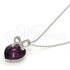 Rhodium Plated Pendant Necklace, Heart and Bow Design, with Amethyst Swarovski Crystals and White Micro Pave, Polished, Rhodium Finish, 04.239.0007.1.16 (01 MM Thickness, 16 Inches Length)