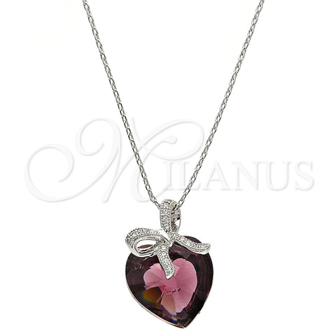 Rhodium Plated Pendant Necklace, Heart and Bow Design, with Amethyst Swarovski Crystals and White Micro Pave, Polished, Rhodium Finish, 04.239.0007.1.16 (01 MM Thickness, 16 Inches Length)