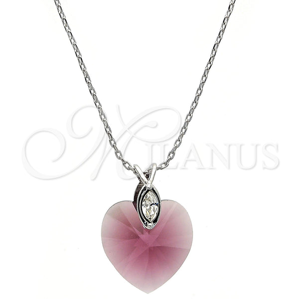 Rhodium Plated Pendant Necklace, Heart Design, with Amethyst Swarovski Crystals and White Micro Pave, Polished, Rhodium Finish, 04.239.0018.2.16 (01 MM Thickness, 16 Inches Length)