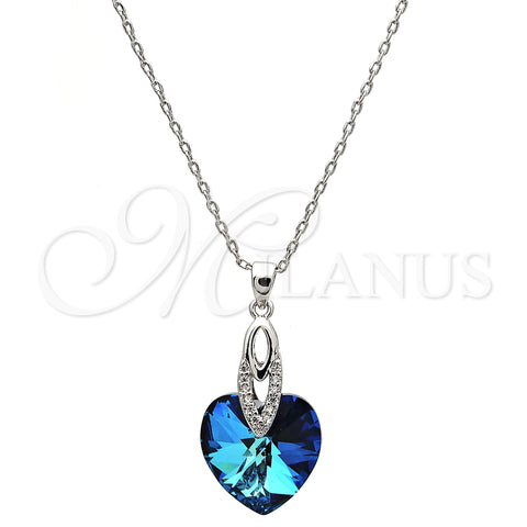 Rhodium Plated Pendant Necklace, Heart Design, with Bermuda Blue Swarovski Crystals and White Micro Pave, Polished, Rhodium Finish, 04.63.1330.16 (01 MM Thickness, 16 Inches Length)