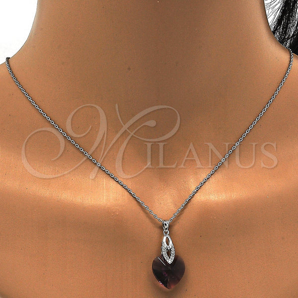 White Gold Filled Necklace — Pendant Necklace Heart Design with Amethyst Swarovski Crystals — alternate product view — SKU 112502 | Oro Laminado Blanco collar — Pendant Necklace corazón diseño with Amethyst Swarovski Crystals — SKU 112502