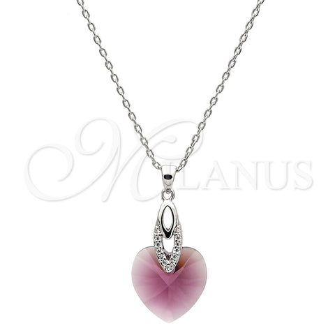 Rhodium Plated Pendant Necklace, Heart Design, with Amethyst Swarovski Crystals and White Micro Pave, Polished, Rhodium Finish, 04.63.1330.1.16 (01 MM Thickness, 16 Inches Length)