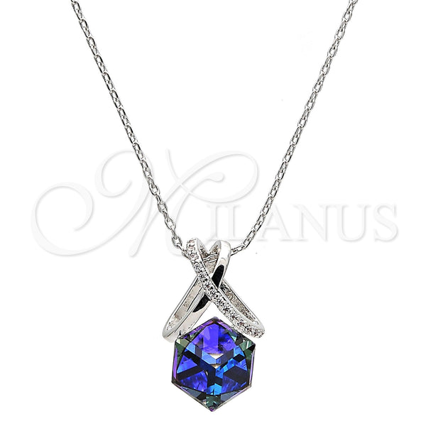 Rhodium Plated Pendant Necklace, with Tanzanite Swarovski Crystals and White Micro Pave, Polished, Rhodium Finish, 04.239.0023.1.16 (01 MM Thickness, 16 Inches Length)