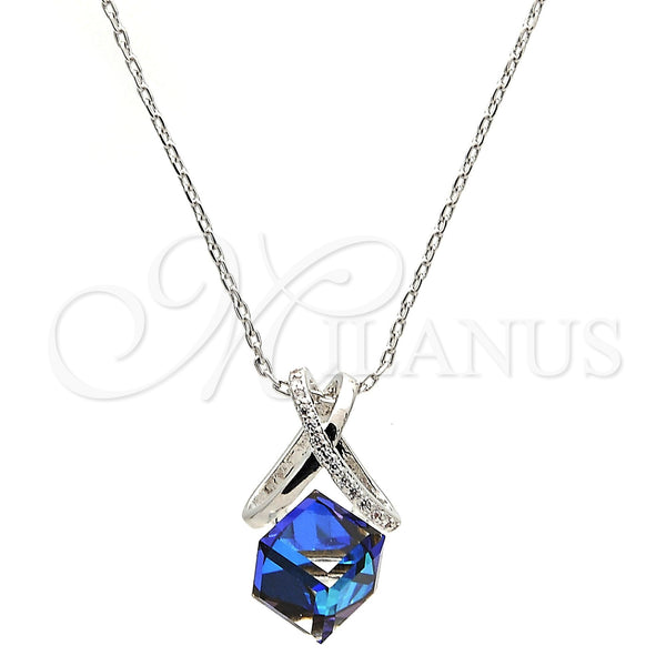 Rhodium Plated Pendant Necklace, with Bermuda Blue Swarovski Crystals and White Micro Pave, Polished, Rhodium Finish, 04.239.0023.2.16 (01 MM Thickness, 16 Inches Length)