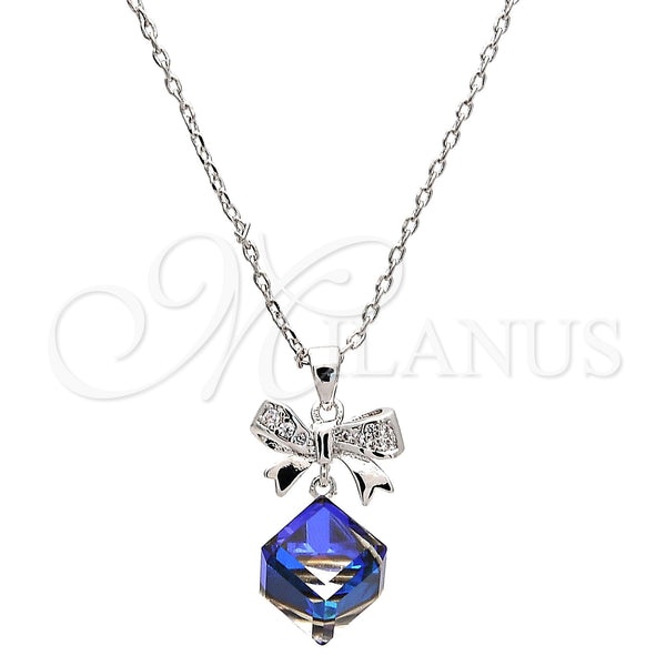Rhodium Plated Pendant Necklace, Bow Design, with Bermuda Blue Swarovski Crystals and White Micro Pave, Polished, Rhodium Finish, 04.239.0024.2.16 (01 MM Thickness, 16 Inches Length)