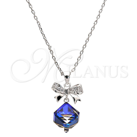 Rhodium Plated Pendant Necklace, Bow Design, with Bermuda Blue Swarovski Crystals and White Micro Pave, Polished, Rhodium Finish, 04.239.0024.2.16 (01 MM Thickness, 16 Inches Length)