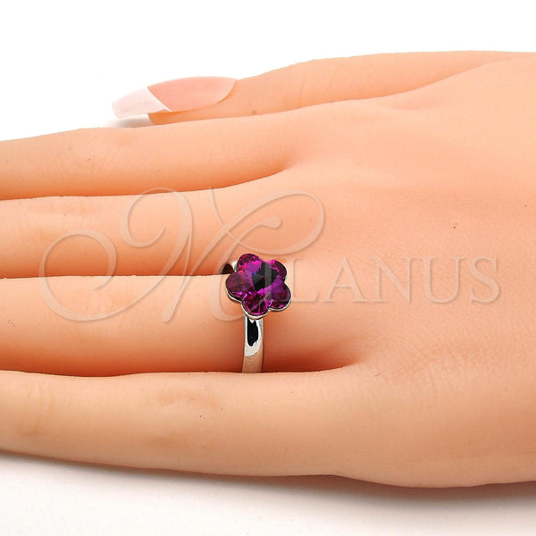White Gold Filled Ring — Multi Stone Ring Flower Design with Fuchsia Swarovski — alternate product view — SKU 112591 | Oro Laminado Blanco anillo — Multi Stone Ring flor diseño with Fuchsia Swarovski — SKU 112591